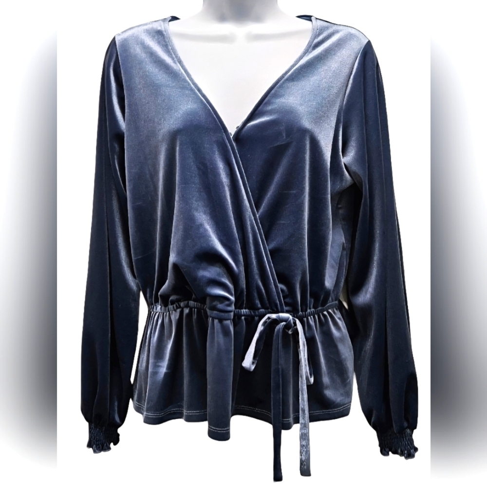 0009 LC Lauren Conrad Peplum Velvet Faux Wrap Blouse Balloon Sleeve Medium Blue